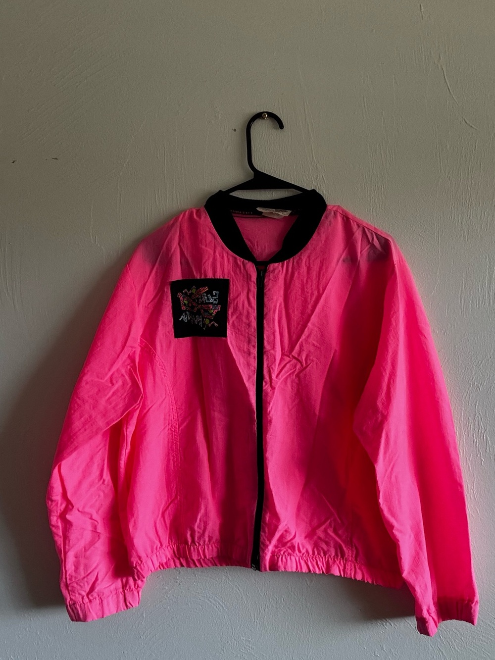 Vintage Neon Pink Windbreaker Jacket with Black Trim